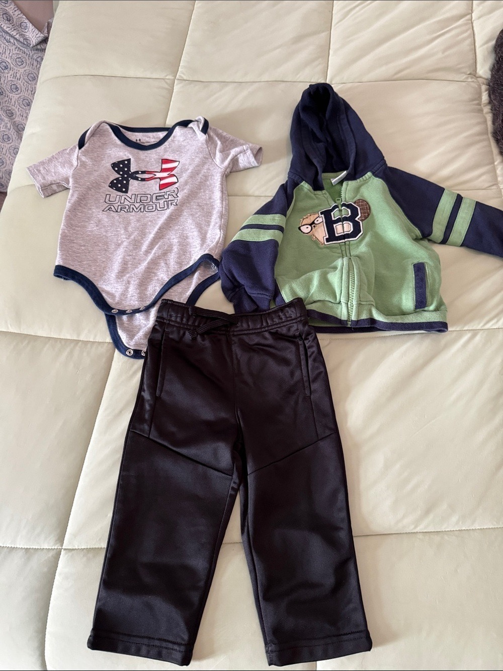 Under Armour Gray Baby Bodysuit with Green Navy Hooded Jacket & Black Pants